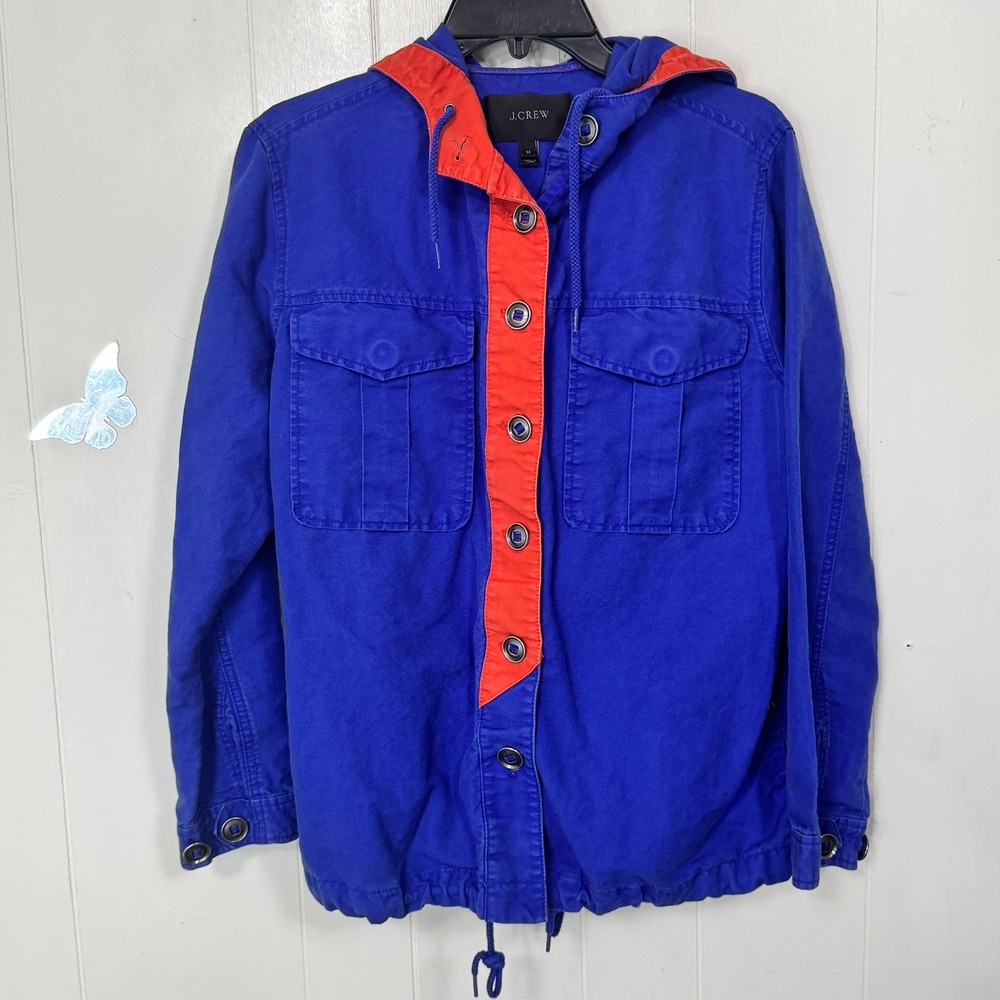 J. Crew Women's Hooded Utility Jacket Blue Orange Accents Button Down Size M
